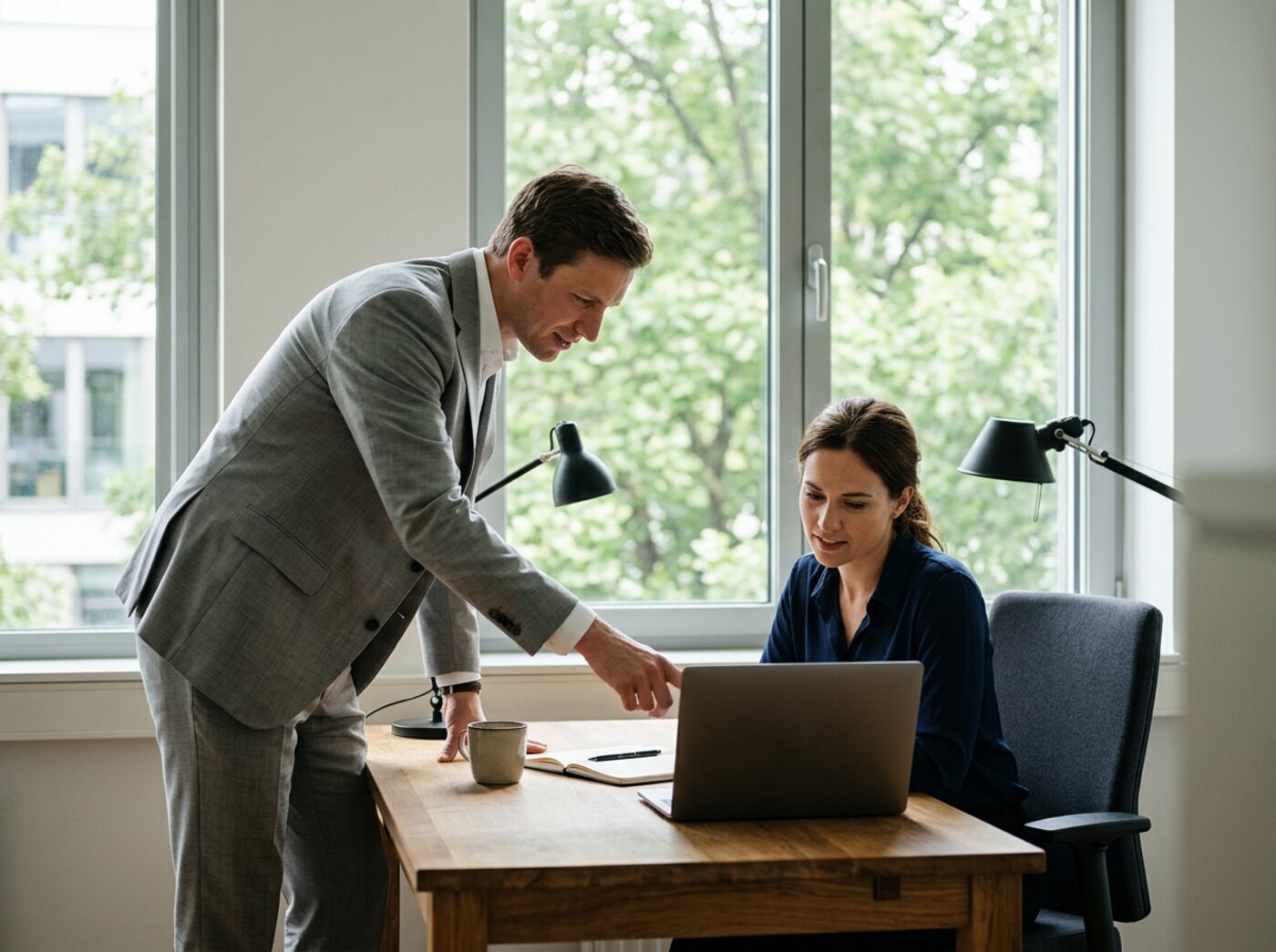 Two colleagues at a wooden desk in a bright office, one standing and pointing at a laptop