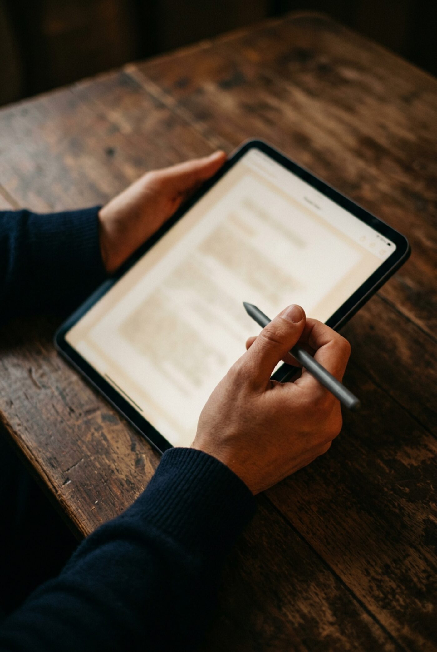 Hands holding a tablet and stylus over a wooden table, a document open on the screen